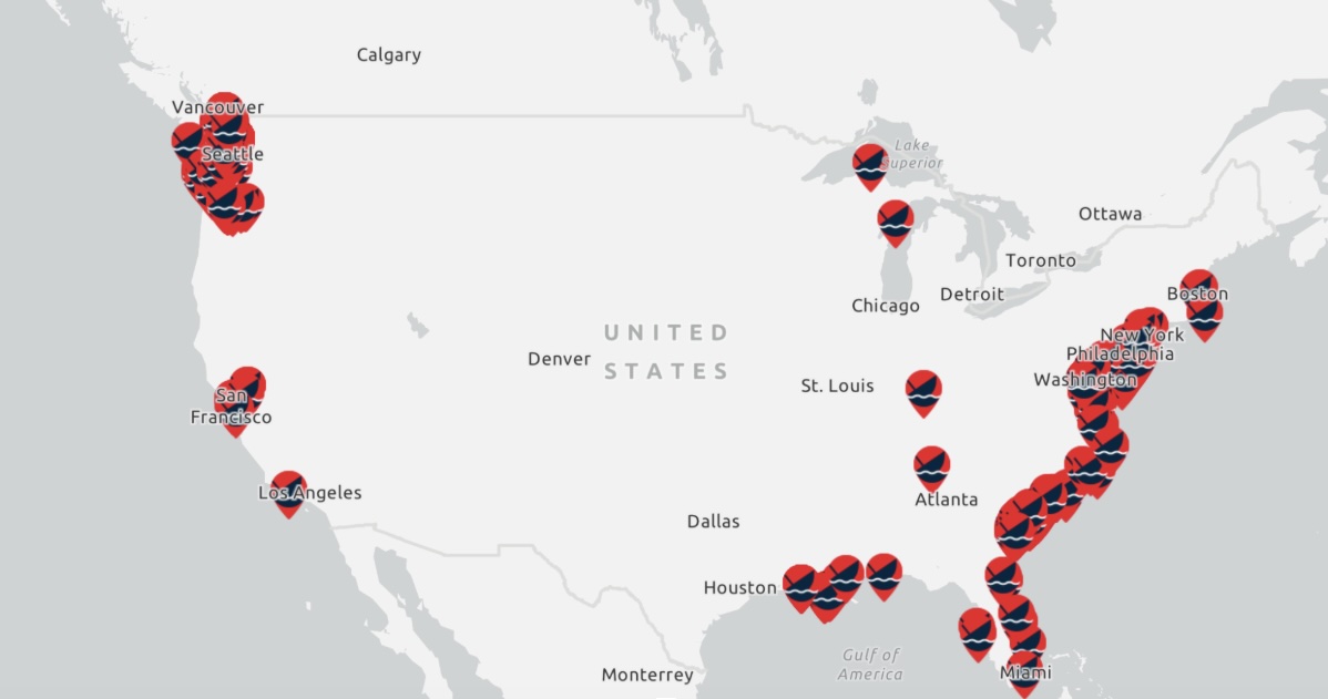 Map highlighting currently reported abandoned and derelict vessels.